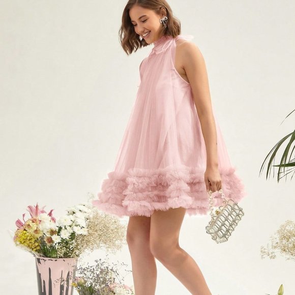 Sweet Valentine's Day Halter Neck Mesh Mini dressPink - Picture 4 of 5